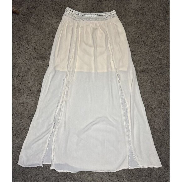 MAURICES Y2k 90s Cream Maxi Skirt Crochet Slit Hippie Boho Cottage Country Sz 0 - Picture 1 of 13